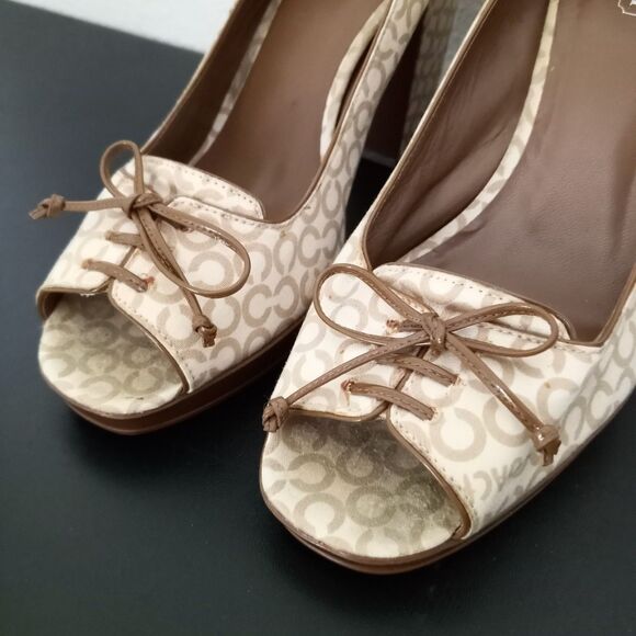 COACH Corey High Heel Peep Toe Pumps Chunky Shoes Signature Lace Up Bow 10 B - Picture 4 of 8